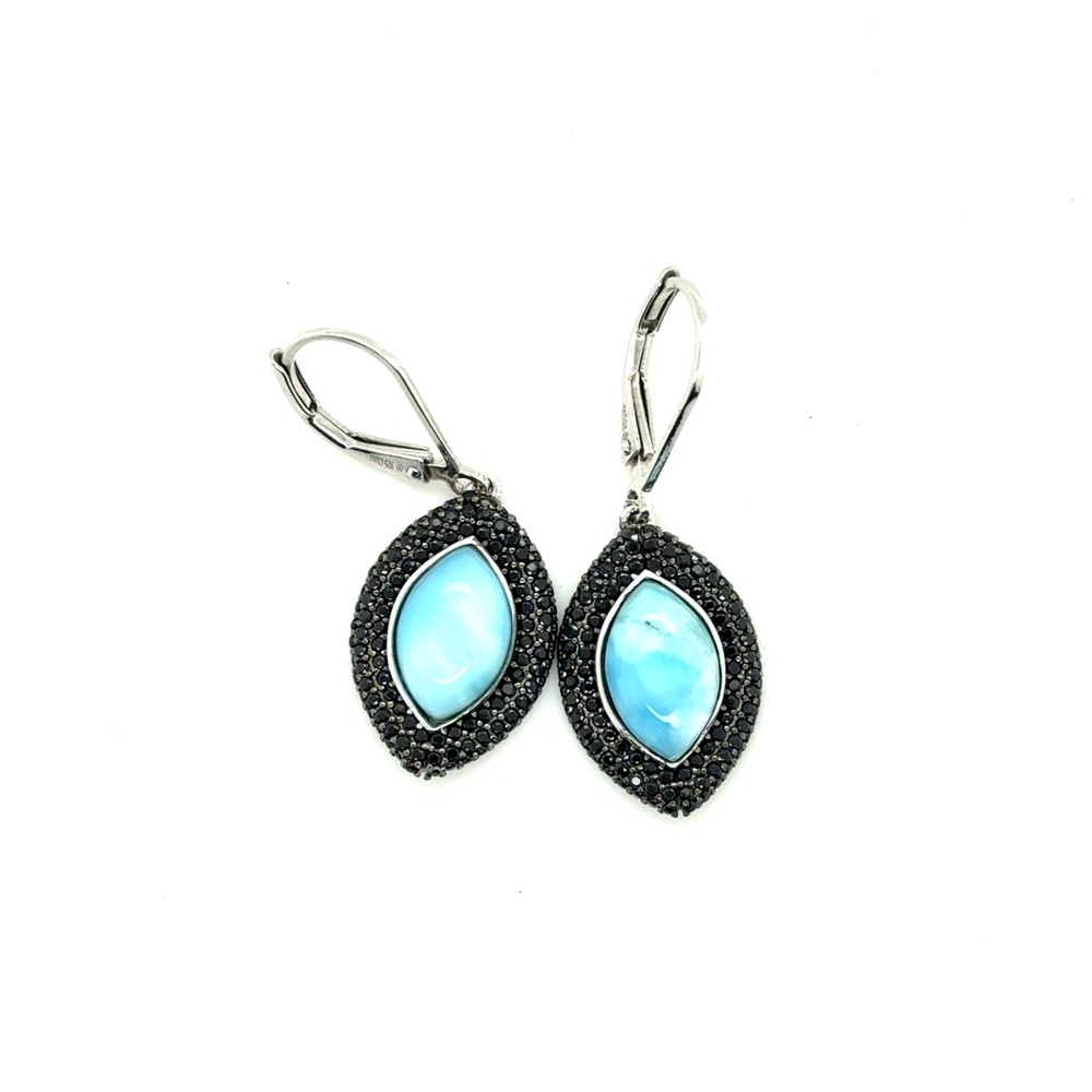 Sterling‎ Silver Larimar and Black Spinel Marquise Leverback Drop Earrings 925